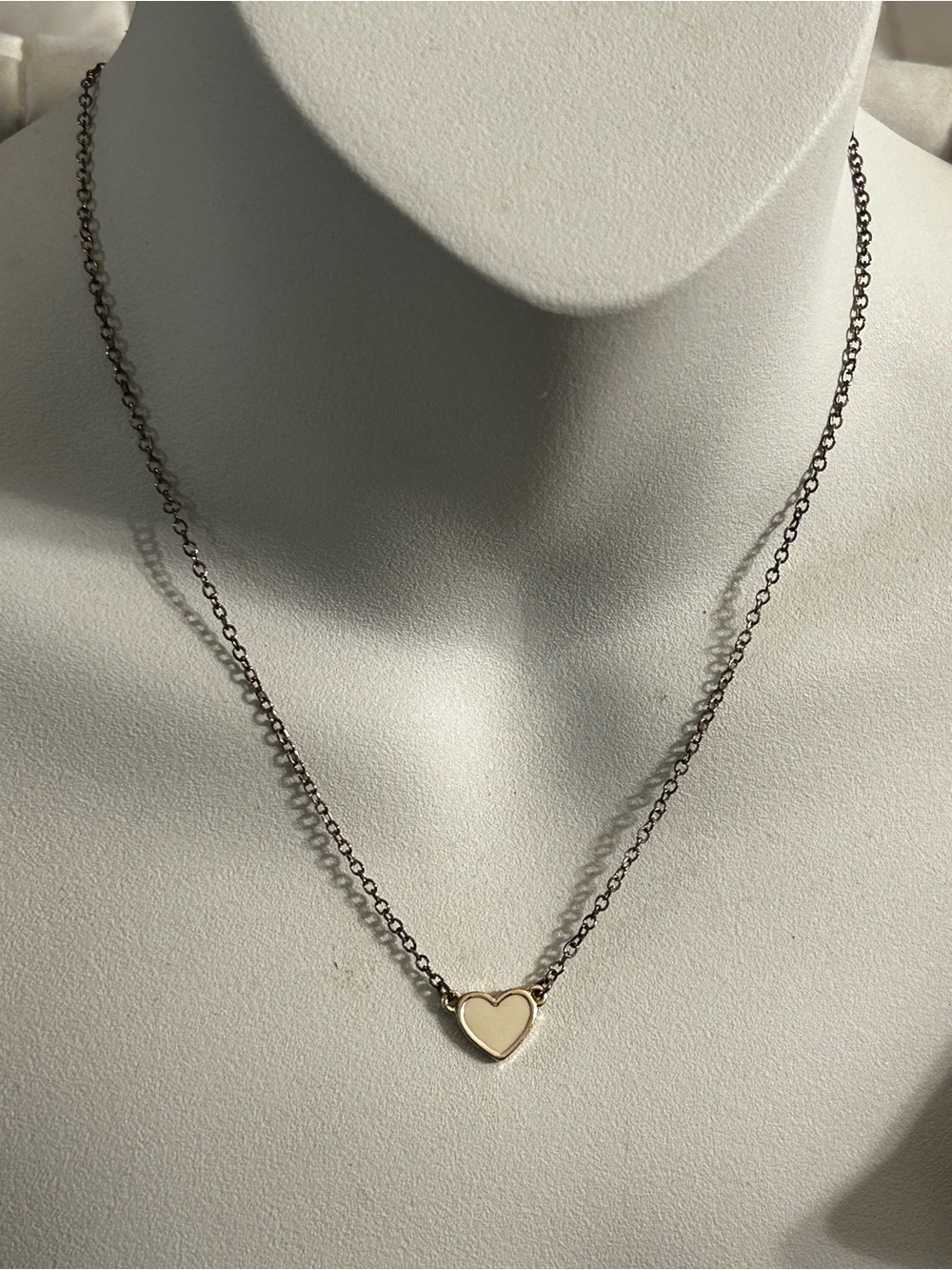 Cream Enamel Heart Pendant Necklace Gold Tone Dainty Chain 17"
